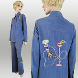 1970s Denim Pantsuit / Beaded Denim Suit / Cocktail Themed Suit / Custom Denim Suit / Size Medium