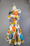 1960s Dress / 1960s Mini Dress / 1960s Floral Cotton Short Dress / Backless  Dress / Size Small
