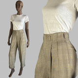 1940s Plaid Pants / Brown Glen Plaid Houndstooth Pleated Trousers / High Waisted Pants / Size Small