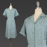 1940s Dress / 1940s House Dress / American Golfer Dress / Shirtwaist Dress / Seersucker Dress / Size Large