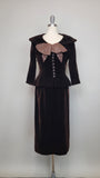1950s Suit / Brown Velvet Suit / 1950s Cocktail Suit / Women's Vintage Suit / Statement Bow / Size Small