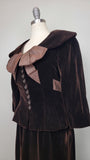 1950s Suit / Brown Velvet Suit / 1950s Cocktail Suit / Women's Vintage Suit / Statement Bow / Size Small