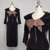1950s Suit / Brown Velvet Suit / 1950s Cocktail Suit / Women's Vintage Suit / Statement Bow / Size Small
