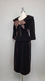 1950s Suit / Brown Velvet Suit / 1950s Cocktail Suit / Women's Vintage Suit / Statement Bow / Size Small