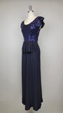 1940s Gown / Purple Sequined Dress / Black Crepe Gown with Purple Sequins / 1940s Evening Dress / Dress with Peplum / Size Small