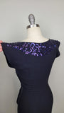 1940s Gown / Purple Sequined Dress / Black Crepe Gown with Purple Sequins / 1940s Evening Dress / Dress with Peplum / Size Small