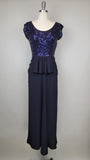 1940s Gown / Purple Sequined Dress / Black Crepe Gown with Purple Sequins / 1940s Evening Dress / Dress with Peplum / Size Small