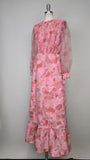 1960s Gown / Carrie Couture / Double Print Chiffon / Chiffon Gown / Pink Evening Dress / Pink Camo Print / Pink Gown / Size Small