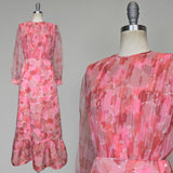 1960s Gown / Carrie Couture / Double Print Chiffon / Chiffon Gown / Pink Evening Dress / Pink Camo Print / Pink Gown / Size Small