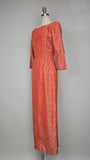 1960s Gown / Silk Brocade Dress / 1960s Floral Gown / Silk Jacquard Gown / Orange Evening Dress / Size Small