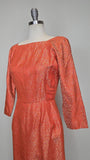 1960s Gown / Silk Brocade Dress / 1960s Floral Gown / Silk Jacquard Gown / Orange Evening Dress / Size Small