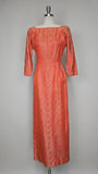 1960s Gown / Silk Brocade Dress / 1960s Floral Gown / Silk Jacquard Gown / Orange Evening Dress / Size Small