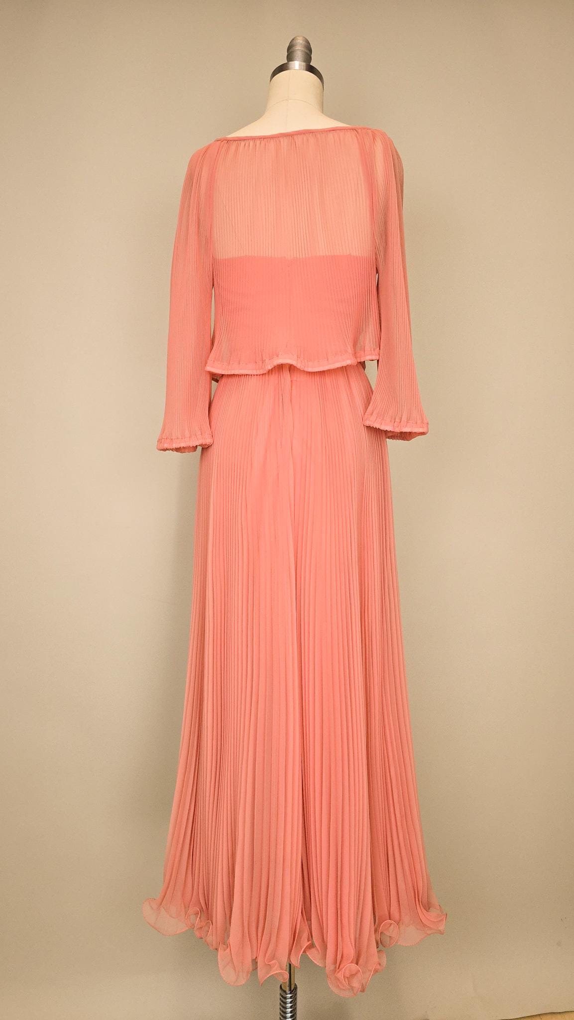 1960s Miss Elliette Dress / Pleated Coral Chiffon Gown / Vintage Pink – Off Broadway Vintage & Costumes