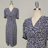 1940s Dress / 1940s Silk Crepe Dress / 1940s Navy Dress / 1940s Novelty Print Dress / Sheer Silk Dress / 1940s Day Dress / Size Extra Large