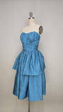 1950s Strapless Dress / 1950s Party Dress / 1950s Cocktail Dress / Blue Strapless Dress / Turquoise Dress / Size Extra Small