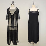 Authentic 1920s Dress and Slip Set / 20s Sheer Black Silk / Size Small Extra Small XS