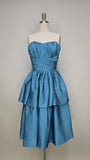 1950s Strapless Dress / 1950s Party Dress / 1950s Cocktail Dress / Blue Strapless Dress / Turquoise Dress / Size Extra Small