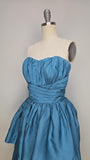 1950s Strapless Dress / 1950s Party Dress / 1950s Cocktail Dress / Blue Strapless Dress / Turquoise Dress / Size Extra Small