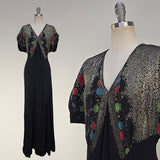1930s Gown / Lamè Evening Gown / 1930s Dress / Hand Painted Dress / Metallic Embroidery / Size Large