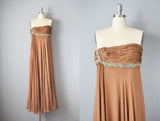 1950s Strapless Dress / Brown Silk Chiffon and Jeweled Goddess Gown / Size Small Medium