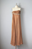1950s Strapless Dress / Brown Silk Chiffon and Jeweled Goddess Gown / Size Small Medium