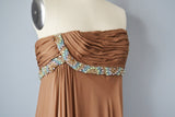 1950s Strapless Dress / Brown Silk Chiffon and Jeweled Goddess Gown / Size Small Medium