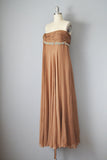 1950s Strapless Dress / Brown Silk Chiffon and Jeweled Goddess Gown / Size Small Medium