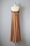 1950s Strapless Dress / Brown Silk Chiffon and Jeweled Goddess Gown / Size Small Medium