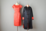 1950s Red Silk Jacquard Sheath Dress & Coat Set / Reversible Satin Evening Coat / Size Small