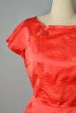 1950s Red Silk Jacquard Sheath Dress & Coat Set / Reversible Satin Evening Coat / Size Small