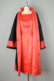 1950s Red Silk Jacquard Sheath Dress & Coat Set / Reversible Satin Evening Coat / Size Small