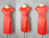1950s Red Silk Jacquard Sheath Dress & Coat Set / Reversible Satin Evening Coat / Size Small