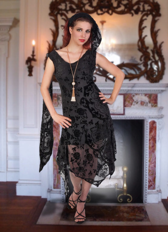 Black Burnout Velvet Art Deco Dress