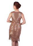 Camel Colored Sleeveless Flapper Dress with Art Deco Design