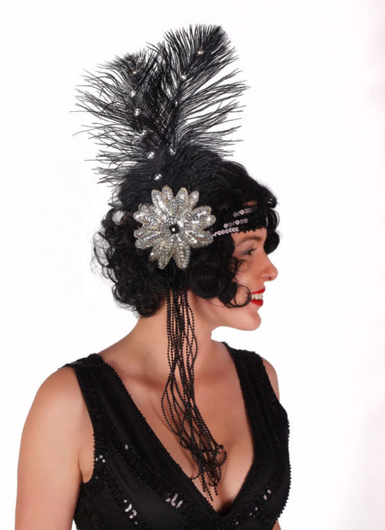 Black Sequined Flapper Headband with beads and feathers