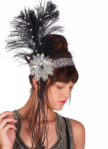 Silver Sequined Flapper Headband with Beads and Feathers