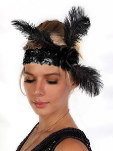 Black Sequin Flapper Headband with Rose and Feather