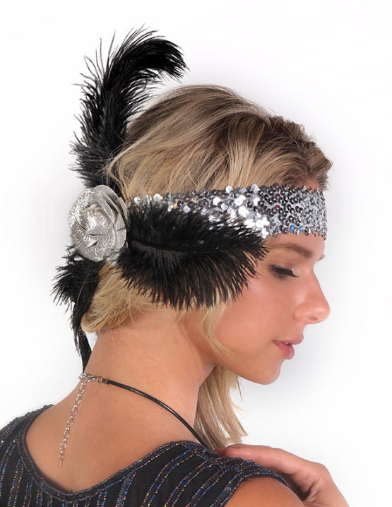 Silver Sequin Flapper Headband with Rose and Feathers