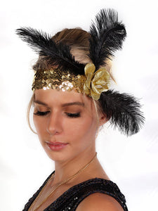 Gold Sequin Flapper Headband with Rose and Feathers