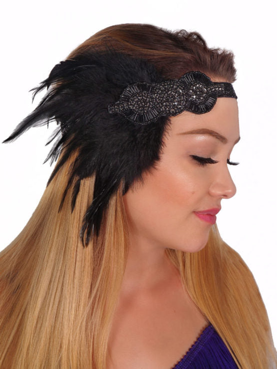 Black Beaded Feather Headband