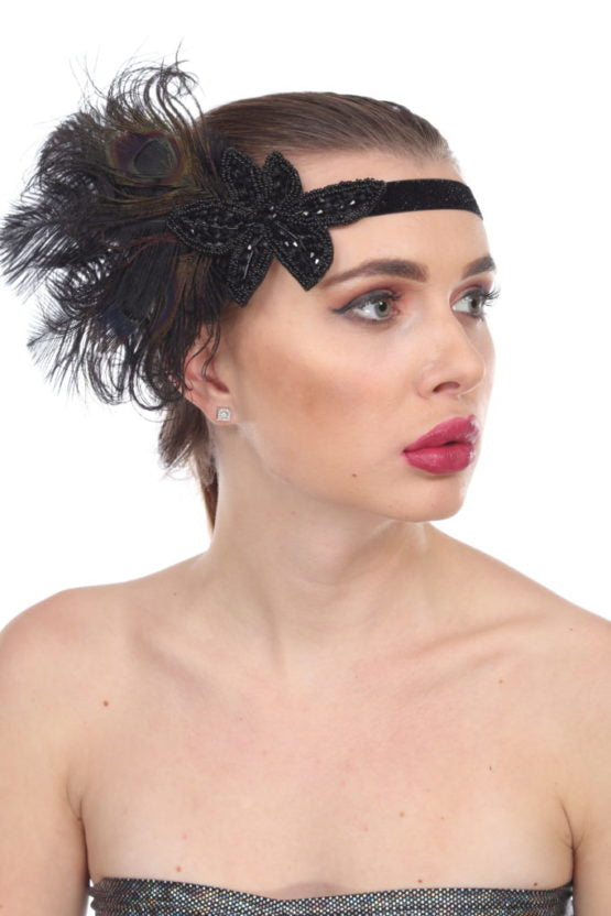 Flapper Headband with Peacock Feather