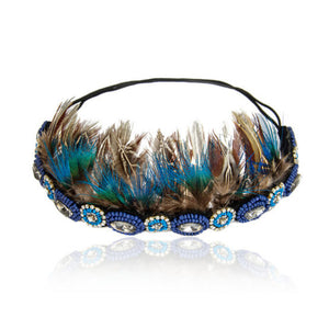 Green and Blue Beaded Flapper Headband with Feathers
