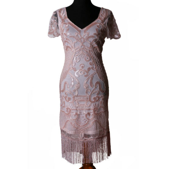 Pink-Beige Short Sleeved Flapper Dress with Open Back